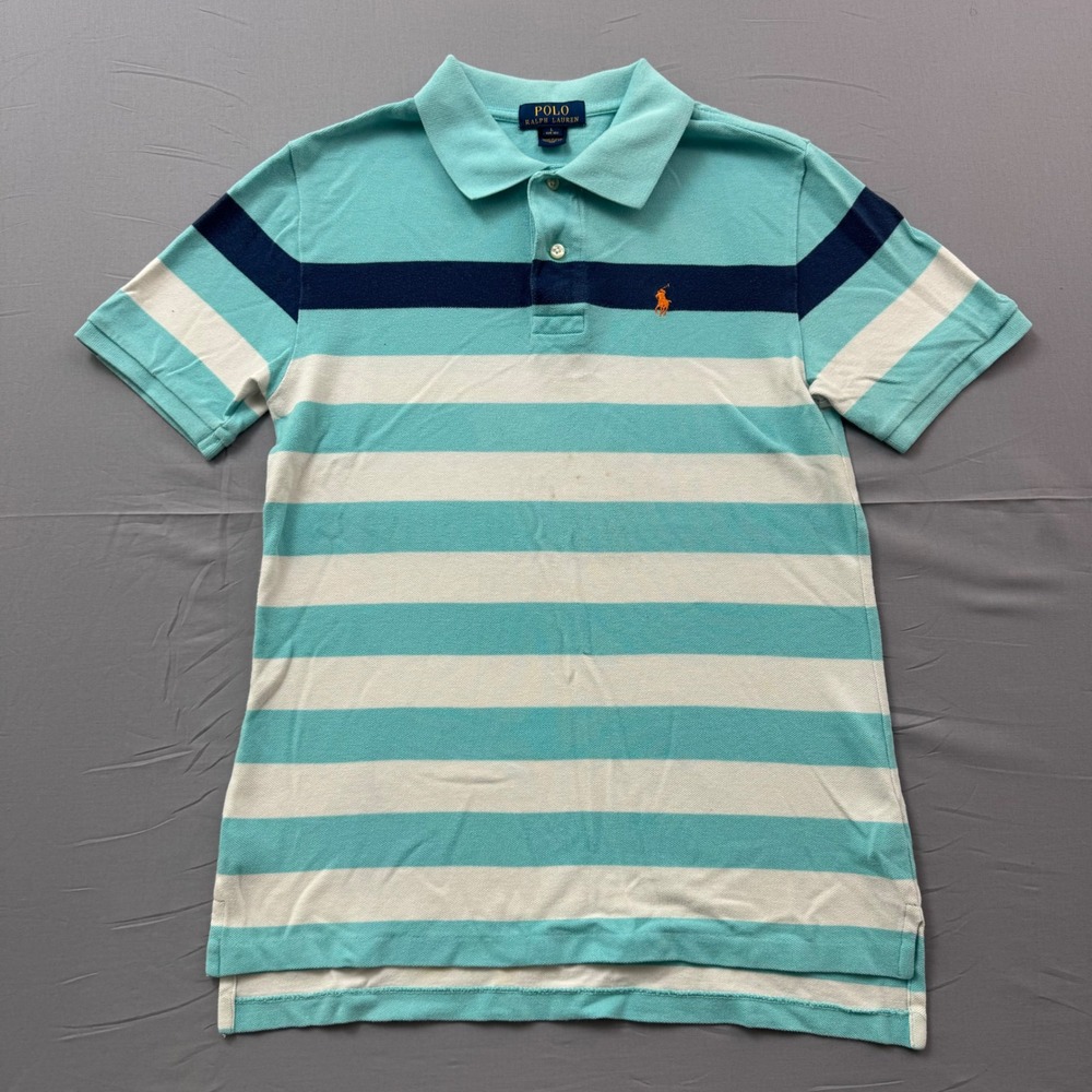 Polo Ralph Lauren Boy Large 14-16 Striped Polo Shirt Turquoise Blue White Orange
